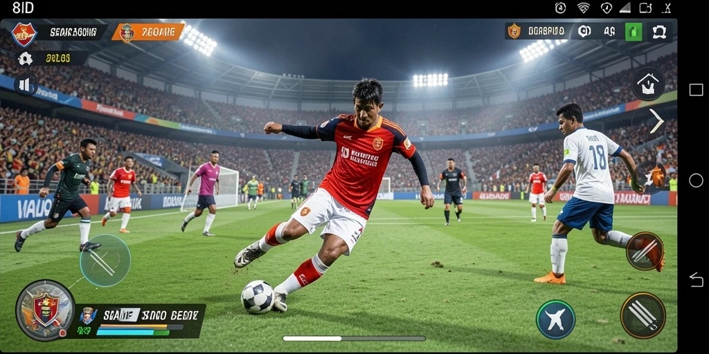 Screenshot utama 8ID menampilkan pemain dalam aksi di lapangan sepak bola.