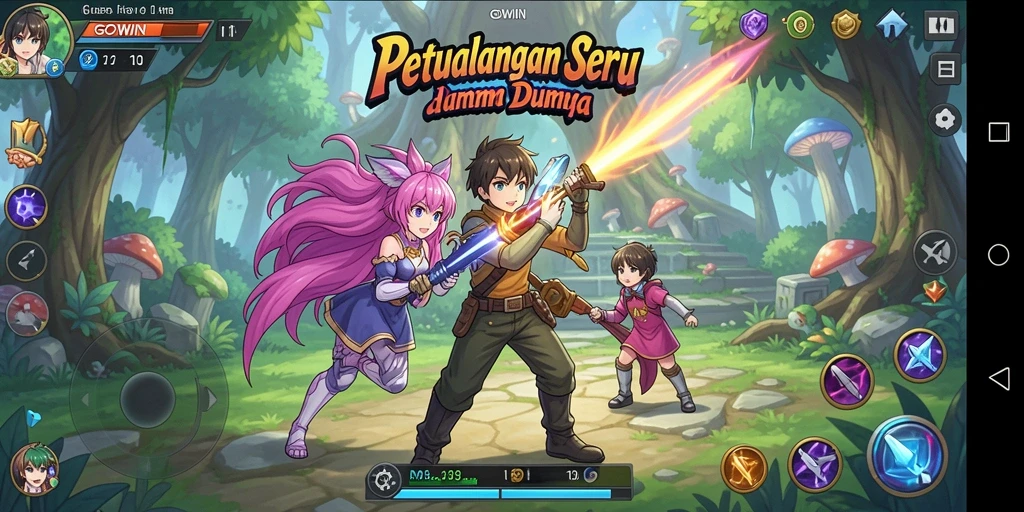 Screenshot gameplay GOWIN menampilkan karakter Anime yang bertarung.